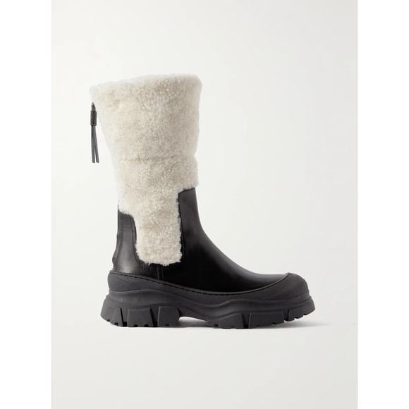 Brunello Cucinelli Black Shearling And Leather Ankle Boots Size 11
